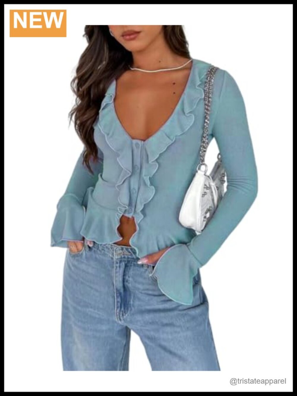 Polyester Women's Deep V Neck Long Bell Sleeve Button Down Ruffle Crop Top